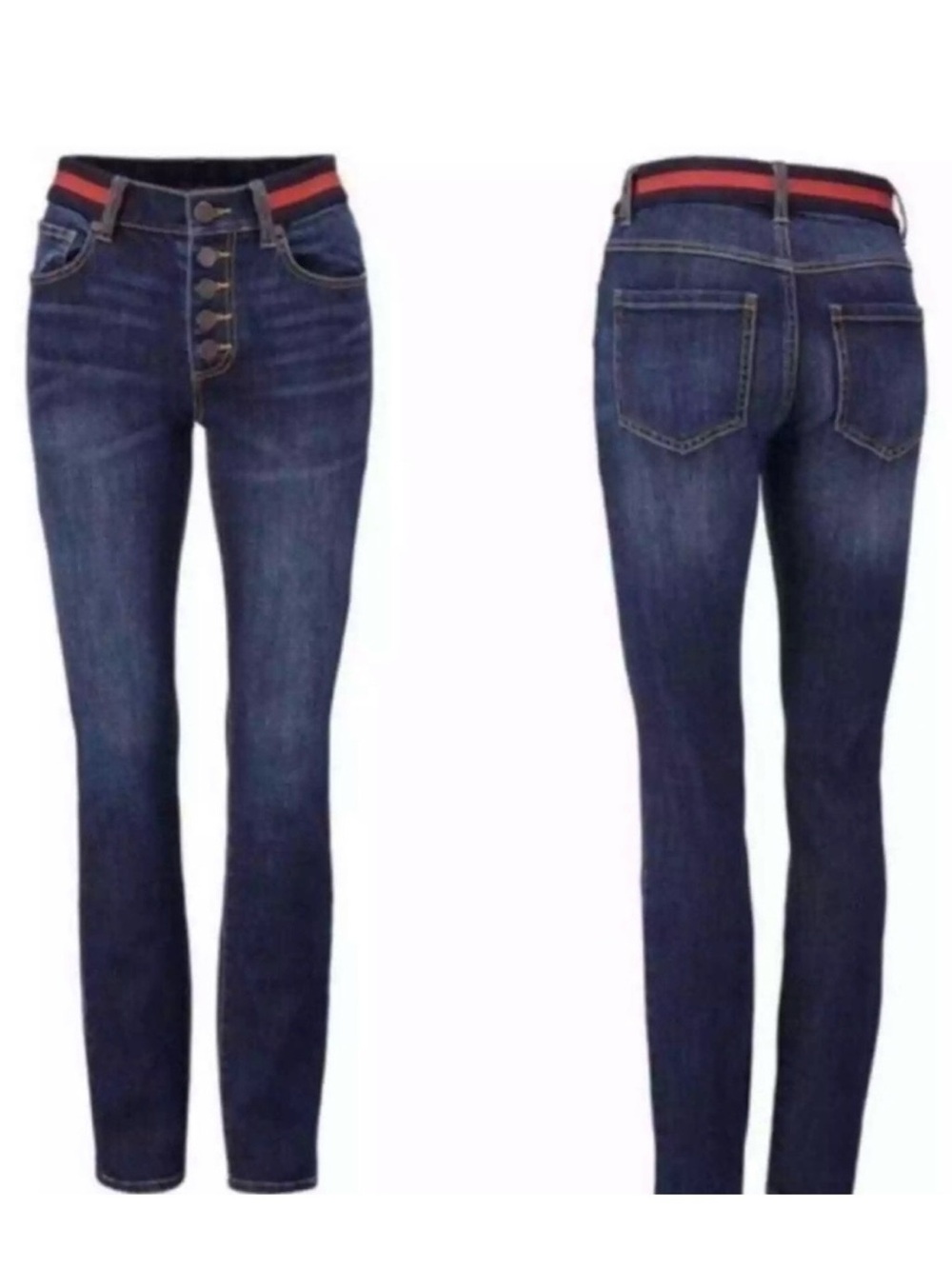 CAbi Dark Blue High-Rise Button-Fly Jeans with Red-Trim Waistband